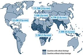 Number of health workers in WHO regions